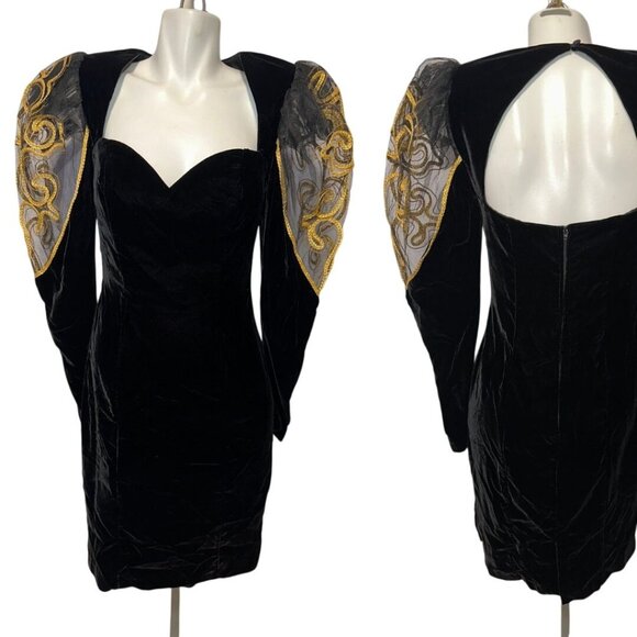 Vtg 80s Shamash Yofi Black Velvet Dress Puff Sleeves Gold Soutache Open Back 10 - Picture 1 of 6